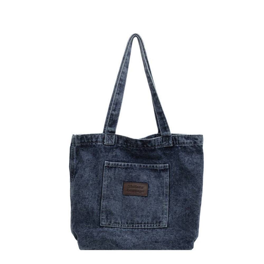 Dark Blue Washed Denim Shoulder Bag Vintage Pocket Bag